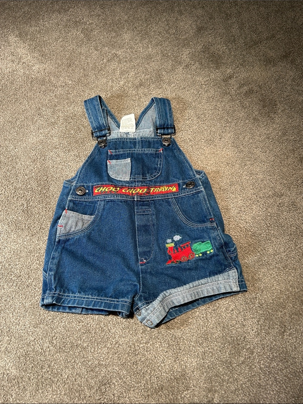 Vintage Denim Kids Shortall Overalls with Red & Green Train Embroidery